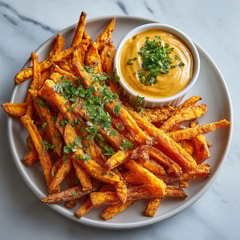 A plate of fries with a dipping sauce.