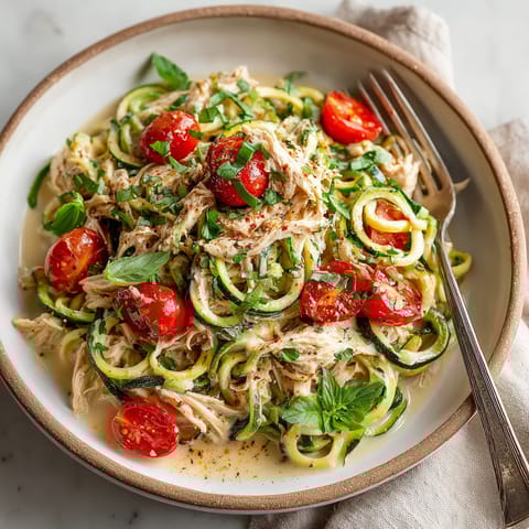 A bowl of food with tomatoes, zucchini, and chicken.