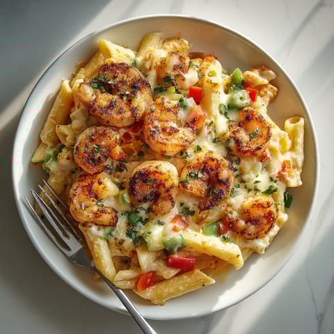 A bowl of shrimp and pasta.