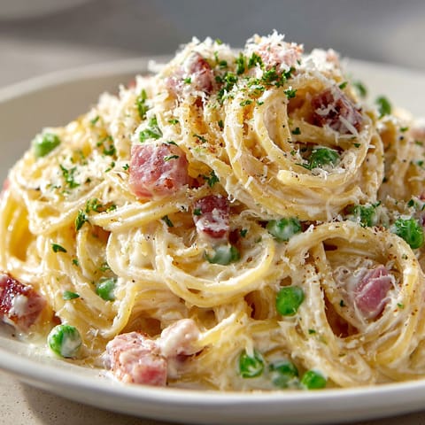 A plate of pasta with peas and ham.
