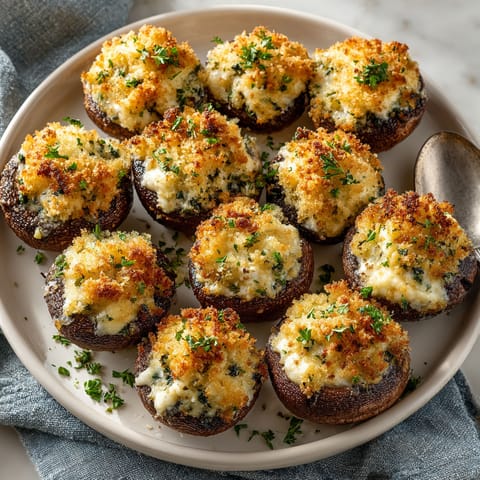 A plate of mushrooms with cheese and bacon on top.