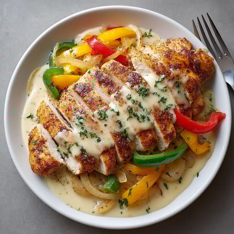 A plate of food with chicken, peppers, and onions.
