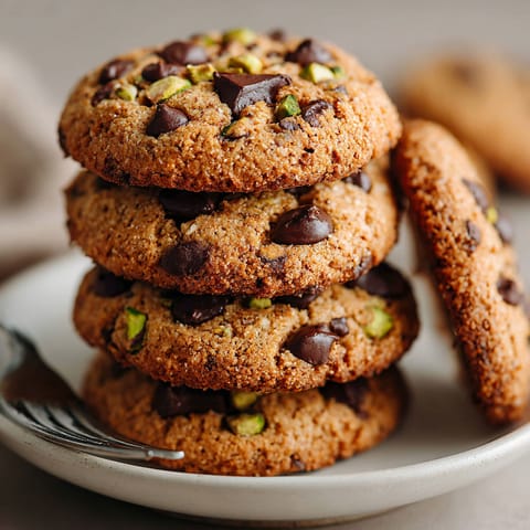 A stack of chocolate chip pistachio cookies on a plate.