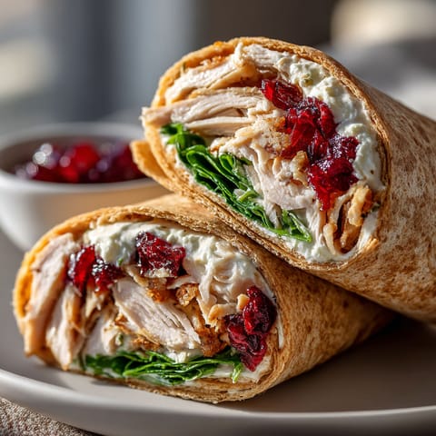 Two turkey, cranberry and cheese wraps on a plate.