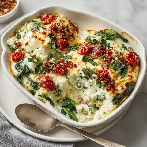 A dish of baked ricotta with spinach and tomatoes.