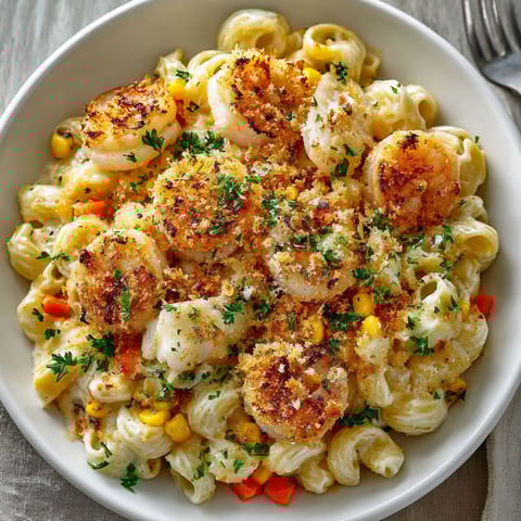 A bowl of pasta with shrimp and corn.