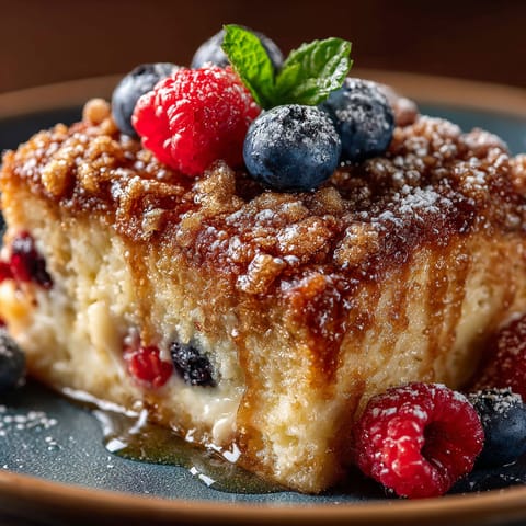 A slice of French toast with berries on top.