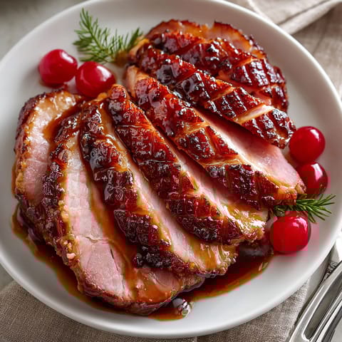 A plate of meat with sauce and a garnish of berries.
