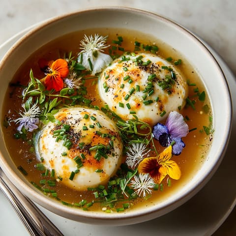 A bowl of soup with eggs and flowers.