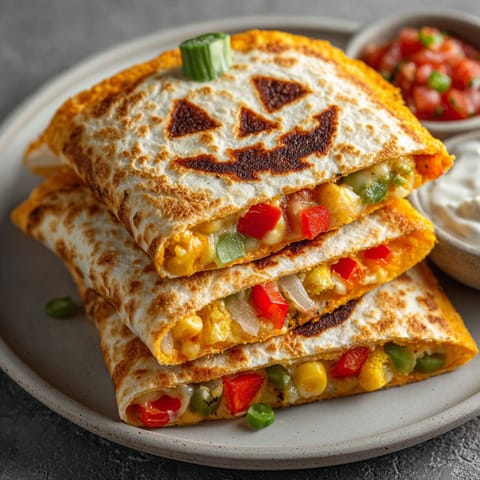 A stack of three burritos with a pumpkin face on them.