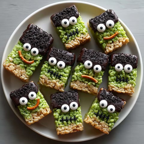 A plate of rice krispie treats shaped like frankenstein.