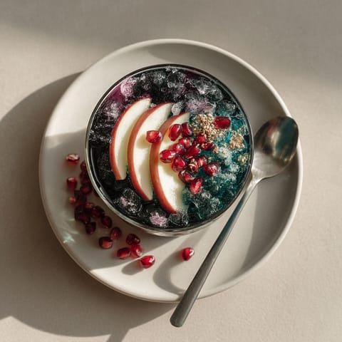 A bowl of fruit with a spoon in it.