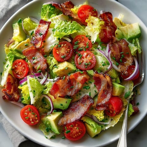 Avocado BLT Salad with Citrus Vinaigrette featuring crispy bacon, creamy avocado, and zesty dressing