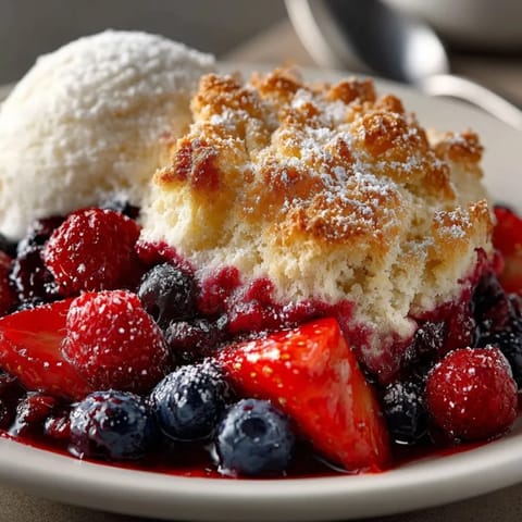 Red, White, & Blueberry Cobbler with bubbling berries and golden biscuit topping fresh from the oven