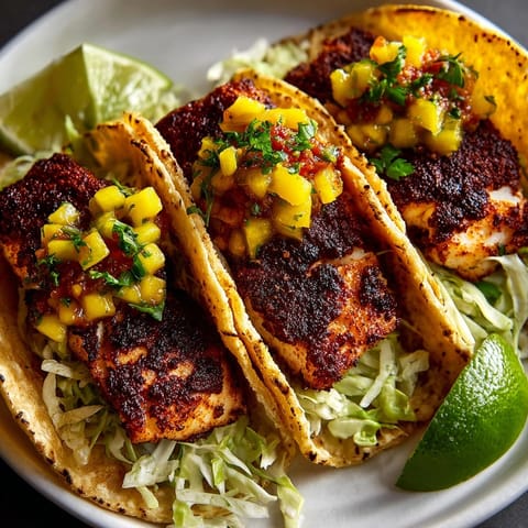 Juicy grilled fish tacos topped with bright mango salsa, ready for a summer dinner.