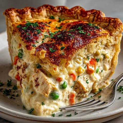 Steaming buttermilk ranch chicken pot pie showing vibrant vegetables and buttery pastry topping