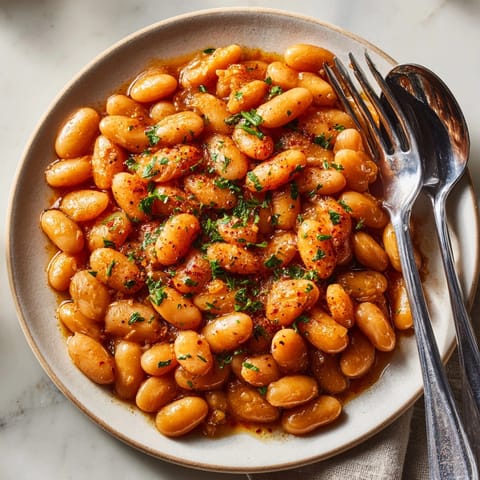 Close-up of Maple Butter Baked Beans, golden and glossy with a savory-sweet glaze
