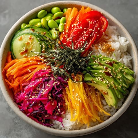 Vibrant Rainbow Veggie Sushi Bowls served with pickled ginger and nori strips for garnish