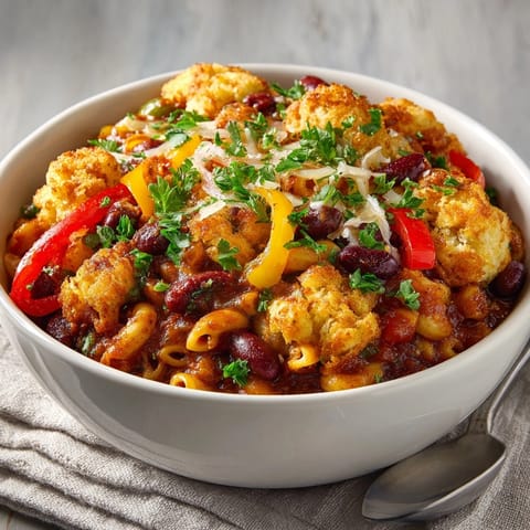 Close-up of piping hot Veggie Chili Mac with Cornbread Crumbles, showcasing rich, hearty textures and colors.