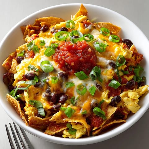 Hearty skillet of Cheesy Enchilada Breakfast Skillet with Black Beans served hot and bubbly