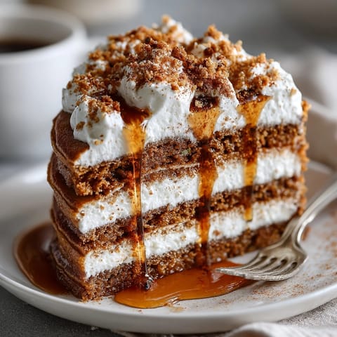 Warm gingerbread pancake stack drizzled with maple whipped cream, perfect for cozy mornings