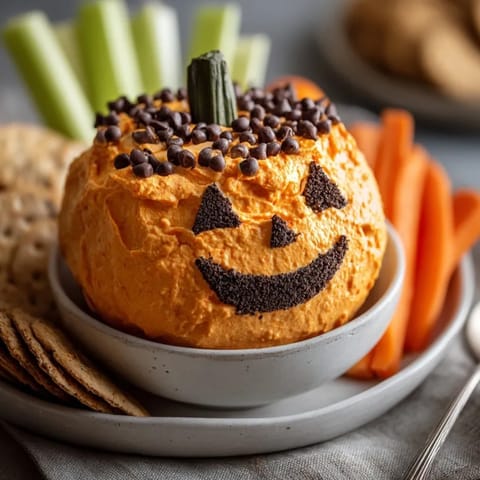 Homemade Jack-o'&lt;-Lantern Cheesecake Dip: a vibrant autumn dessert, scoopable with crisp apple slices.