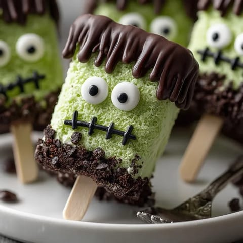 Homemade Frankenstein Marshmallow Pops, ready for a Halloween party—kids will love them.