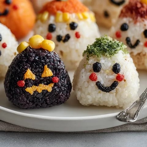 Homemade Halloween Stuffed Rice Balls filled with tuna, shaped into cute, savory treats.
