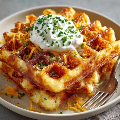 Crispy, savory Instant Mashed Potato Waffles, ready for sour cream and chives on top.