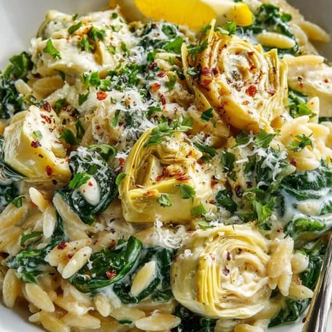 Comforting Spinach Artichoke Orzo, ready to serve with a sprinkle of Parmesan cheese.