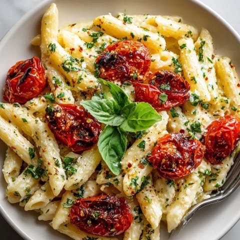 Easy Baked Boursin Pasta: Al dente pasta tossed in a creamy, herby homemade tomato sauce.