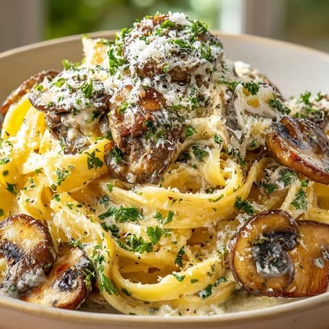 Close-up shot of Creamy Mushroom Pasta with Garlic, a comforting vegetarian Italian dinner.