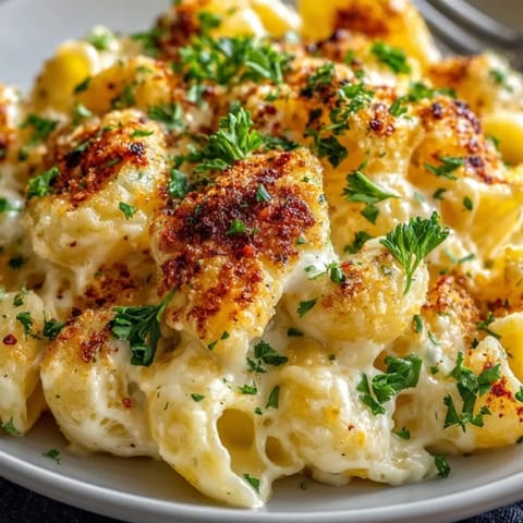Close-up of bubbling One-Pot Mac and Cheese Pasta, garnished with fresh parsley and paprika.