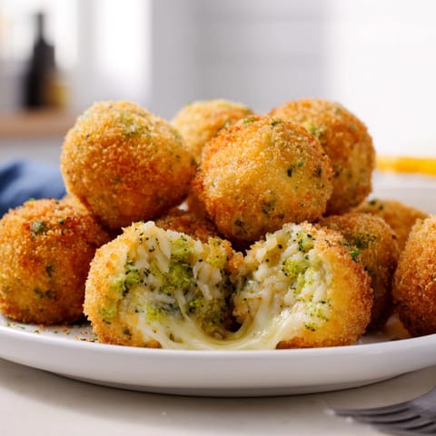 Close-up of savory Cheddar Broccoli Rice Balls, oozing cheese and ready to serve.