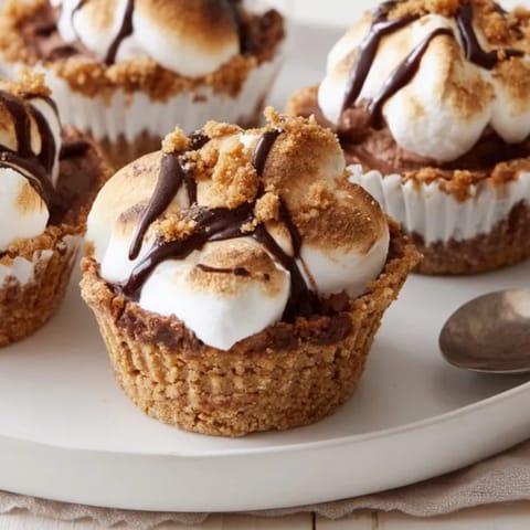 Golden-brown toasted marshmallow tops individual S'mores Cheesecake Cups, a delightful campfire-inspired dessert.