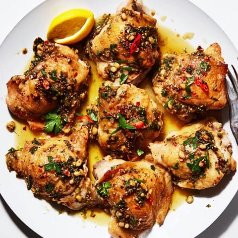 Golden, crispy-skinned Garlic Brown Butter Chicken Thighs, garnished with parsley; smell the garlic!