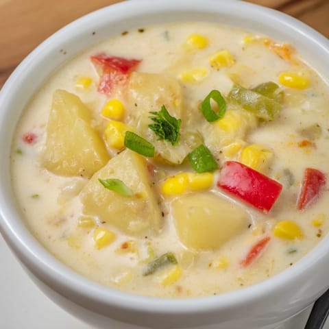 Bowl of warm Cajun Sweet Corn Potato Chowder, garnished with fresh green onions.
