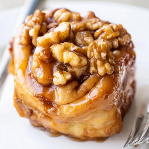 Close-up of a tray of sticky Cinnamon Maple Walnut Buns, glistening with maple glaze.