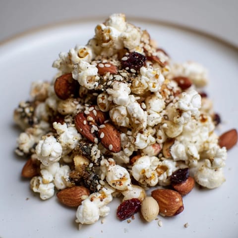 Golden baked Miso Almonds elevate this Holiday Snack Mix with toasted sesame popcorn.