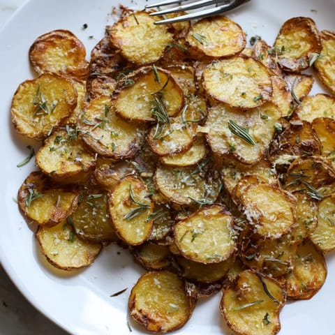 Oven-roasted Garlic Rosemary Potato Rounds drizzled with olive oil, perfect for snacking.  