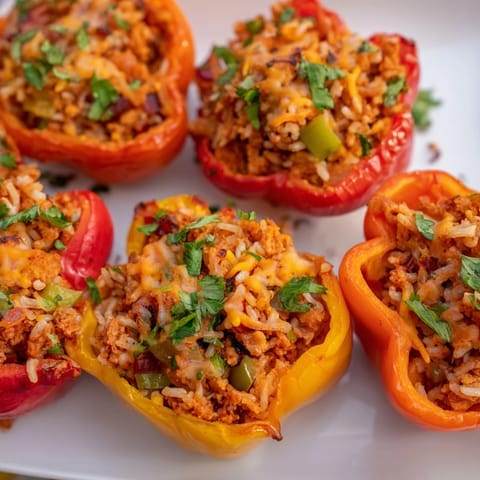 Savory mini sweet peppers filled with spicy turkey and brown rice, bursting with flavor.  