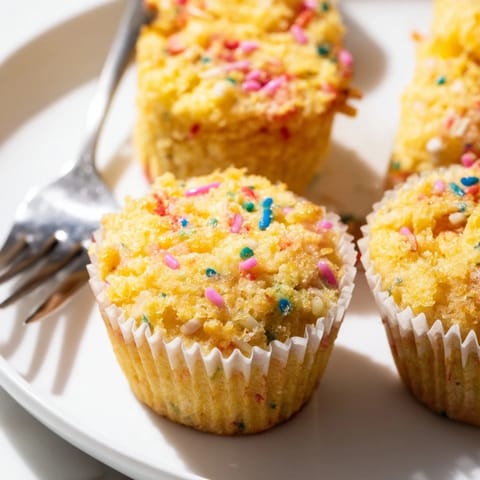 Sweet, moist Funfetti cornbread muffins with vibrant sprinkles, ideal for festive snacks.  