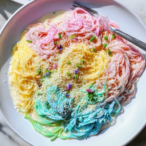 Colorful noodles swirled in a dreamy cloud sauce, kids will love this recipe!  