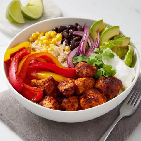 Delicious roasted chicken and vegetables in easy Sheet Pan Chicken Burrito Bowls.  