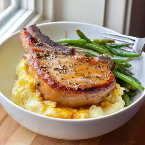 Comforting Pork Chops & Cheddar Mash Bowl, served with crisp green beans on the side.  