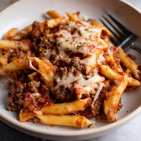 Delicious Cheesy Beef & Penne Bake garnished with fresh herbs, perfect for family gatherings.  