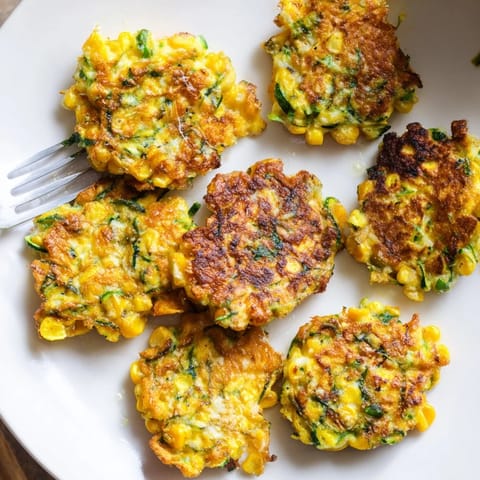 Crispy sweet corn and zucchini fritters served on a rustic plate with herbs.