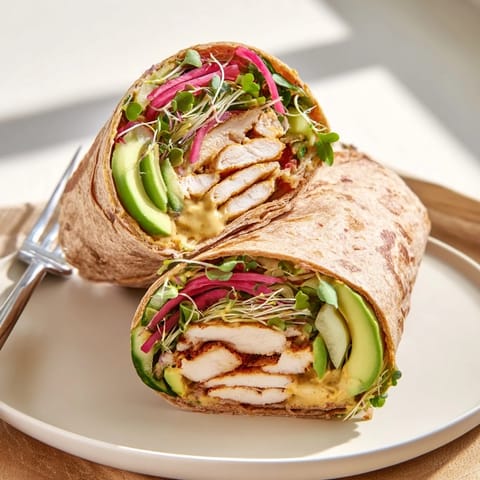 Delicious grilled chicken and fresh microgreens wrapped in soft tortillas, ideal for meals.  