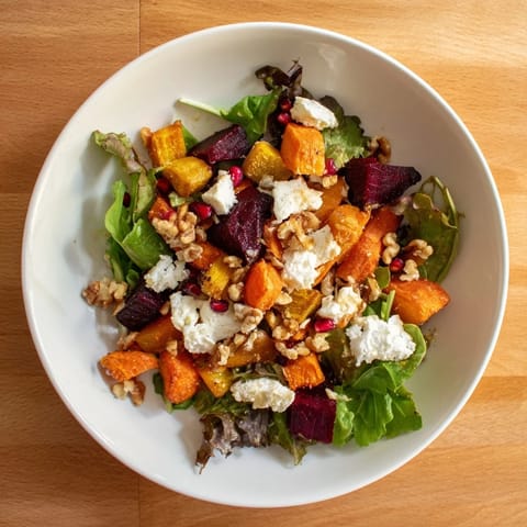 This Seasonal Root Vegetable & Goat Cheese Salad shows colorful roasted root vegetables ready to enjoy.