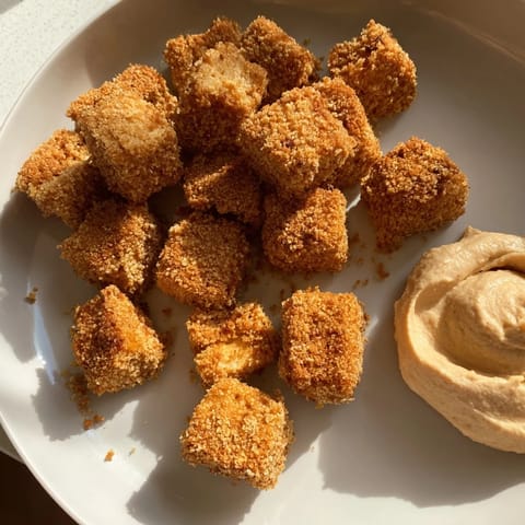 These vegan crispy tofu nuggets, baked to perfection, look fantastic with a holiday spice dip.
